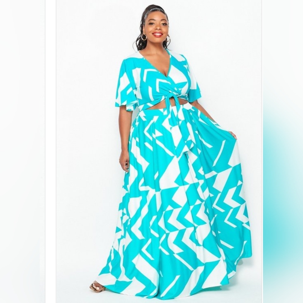 Plus Size Blue and White Two Piece Skirt Set 1x 2x 3x